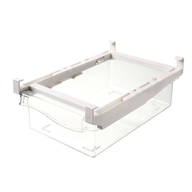 Fridge Box Can Kitchen Shelf Organiser Cupboard Holder Storage Basket Rack. A transparent ABS+PET refrigerator storage box with a white hanging frame and pull-out drawer design. Ideal for organizing food and fruits, it expands storage space under refrigerator shelves. Dimensions: 19.8cm x 30.5cm x 9.5cm.