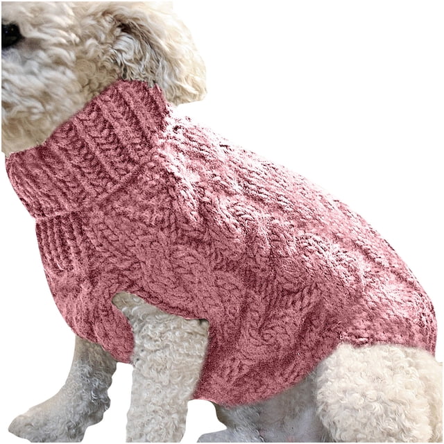 Fashiom Pets Solid Winter Dog Sweater Knitted Warm Sleeveless Pet Clothes shown on a small dog. The sweater features a textured knit design in a soft pink color, with a high turtleneck and sleeveless cut. Made from polyester, it is ideal for dog clothing during autumn, winter, and spring seasons. Available in sizes S, M, L, and XL.