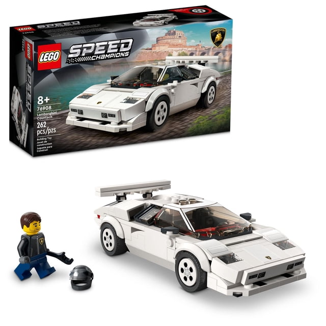 LEGO Speed Champions Lamborghini Countach 76908 Toy Building Kit with 262 pieces featuring a white replica of the 1970s Lamborghini Countach, including a 2-seat open cockpit, rear spoiler, and detailed design, accompanied by a LEGO minifigure driver with helmet and wrench, shown with the branded set box, suitable for display and imaginative racing play.