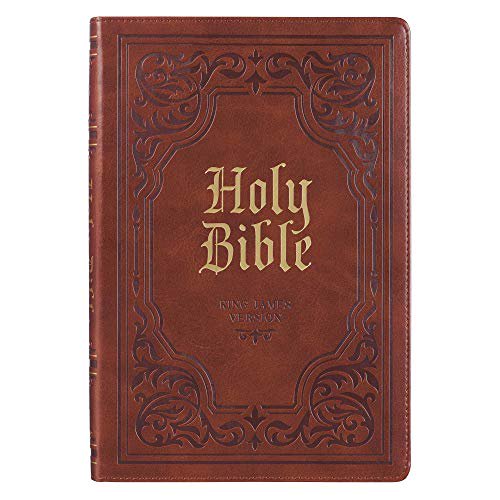 Bible Sainte KJV, Bible à Gros Caractères Fine, Bible en Faux Cuir Marron avec Index et Ruban, Édition Lettres Rouges, Version King James