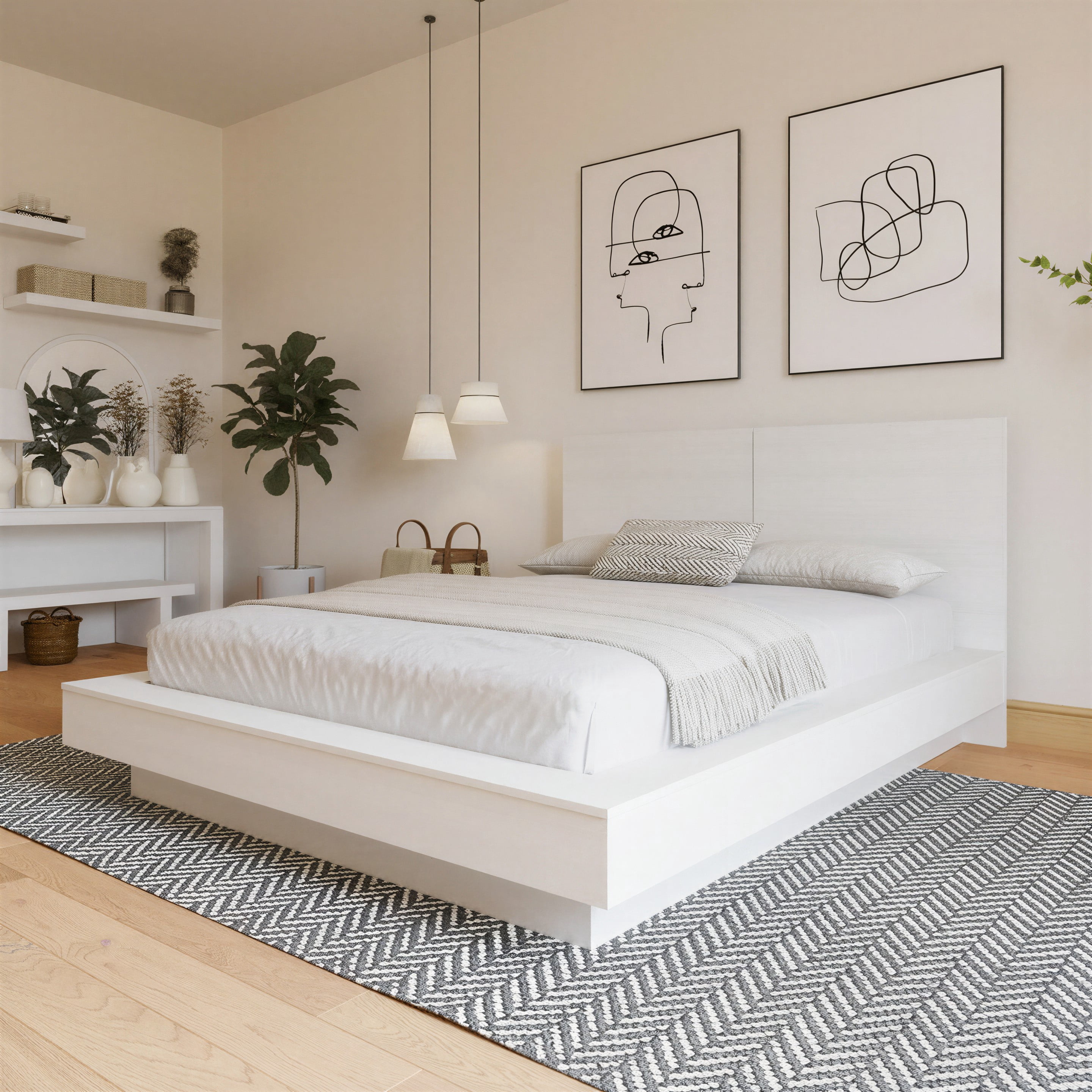 Lit plateforme Queen Nexera Napa avec tête de lit, Chêne blanc