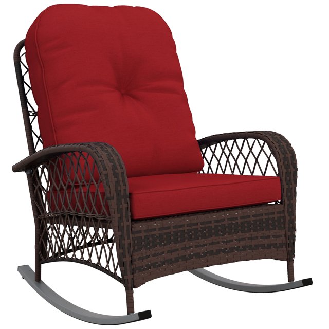 Outsunny Rattan Rocking Chair with Soft Cushion for Garden, Red
