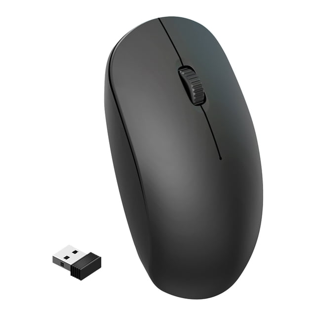 Wireless Mouse for Laptop Windows 10 2.4G Wireless Mute Bluetooth Mouse in black, featuring a compact design with three buttons, a scroll wheel, and Type C compatibility. Includes a USB receiver for plug-and-play functionality. Suitable for office, business, and travel use, and ideal for compact storage during travel.