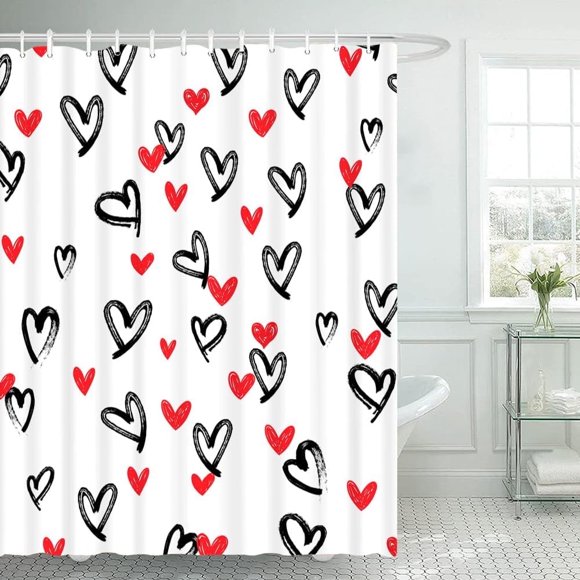 Hearts Valentine''s Day Shower Curtain Pink Black Hearts Holiday Bathroom Decor Curtain Love on White Backdrop Washable Durable Fabric Shower Curtain for Bathroom Decor 72x72 in