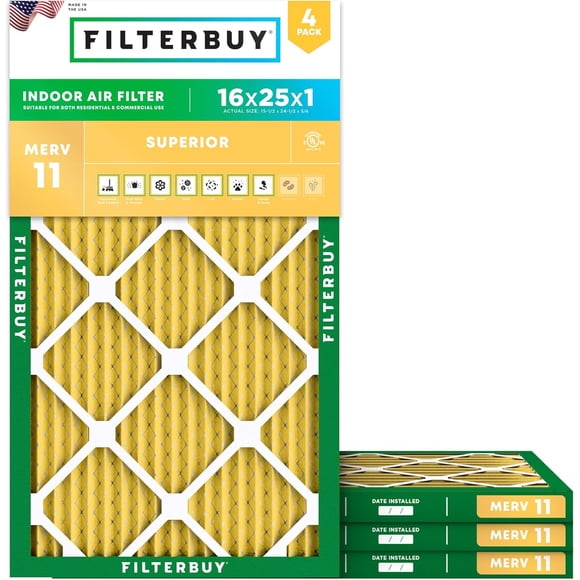 Filterbuy 16x25x1 MERV 11 (MPR 1200) Allergen Defense, Pleated HVAC AC Furnace Air Filters (4-Pack)