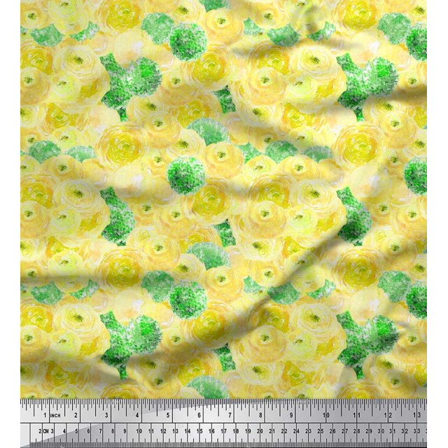 Soimoi Yellow Poly Georgette Fabric Flower Watercolor Decor Fabric Printed BTY 42 Inch Wide