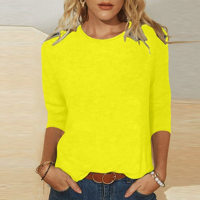 CHUANK T-Shirt Ajusté à Col Rond Mignon pour Femmes, Décontracté, Mi-Long, Manches 3/4, Blouse Extensible, Basique, Uni, Hauts