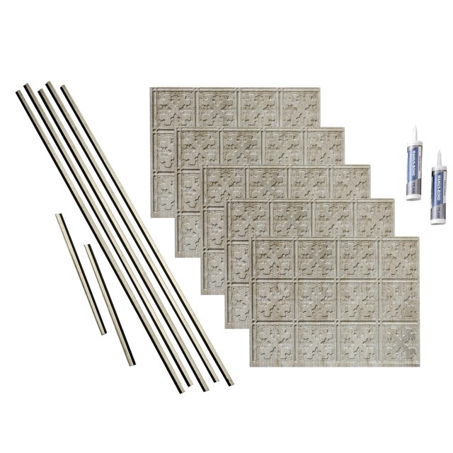 FASÄDE Traditional Style 10 Decorative Vinyl Backsplash 15 sq ft Kit in Vintage Metal, featuring five lightweight and flexible decorative wall tiles with a textured vintage metal finish. Includes two 18-inch inside corner trims, five 4-foot j-trims, and two tubes of construction adhesive for easy installation. Perfect for DIY home improvement projects like kitchen backsplashes or accent walls.