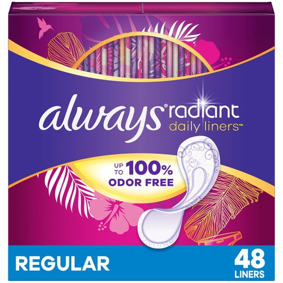 Always Radiant Protège-Dessous Quotidiens, Absorption Légère, Longueur Régulière, jusqu'à 100 % Sans Odeurs et Sans Parfum, avec Adhésif Bord à Bord