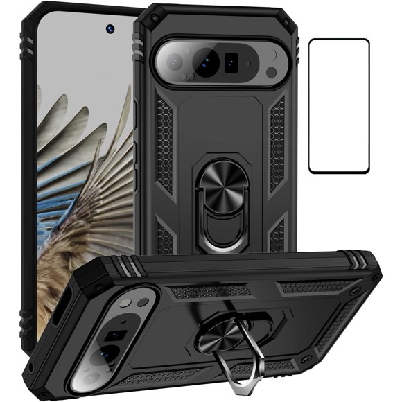JZWAL-for Google Pixel 9 Case with Screen Protector,Pixel 9 Pro Case Ring Kickstand Military Protective Shockproof Defender Armor Dual Layer Protection Back Cover Phone Case for Pixel9 (Pixel 9 Bla