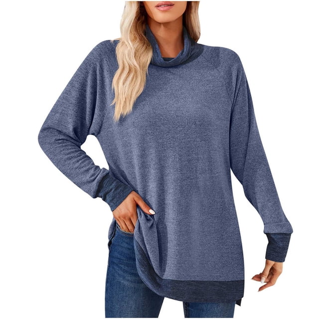 Timegard Tops for Women High Neck Long Sleeve Side Split Color Block Tshirts Fall Casual Loose Tops
