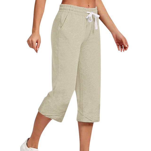 Innerwin Capris Solid Color Women Capri Pants Holiday Straight Leg Loose Fit Trousers Apricot M