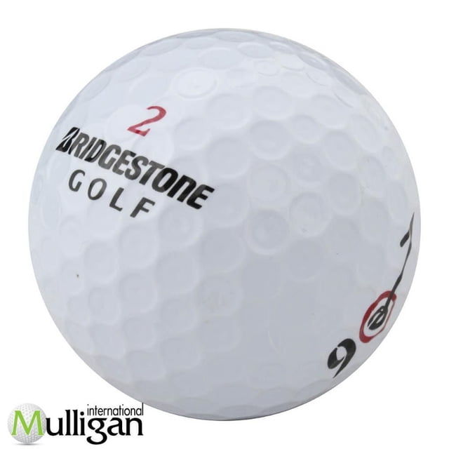 Mulligan - 36 Bridgestone E6 4A Recycled Used Golf Balls showing a close-up of a white dimpled golf ball with black Bridgestone Golf logo, red number 2, and a red and black target symbol, highlighting quality-sorted recycled balls that provide soft feel, excellent tee-to-green distance, and near-green control.