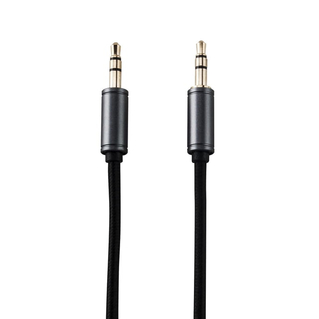 onn. 3 FT./0.9 m 3.5 mm AUX Cable with black braided cord and gold-plated male connectors on both ends, designed to connect smartphones, tablets, or audio devices to speakers, stereos, or computers, also suitable for portable audio setups.