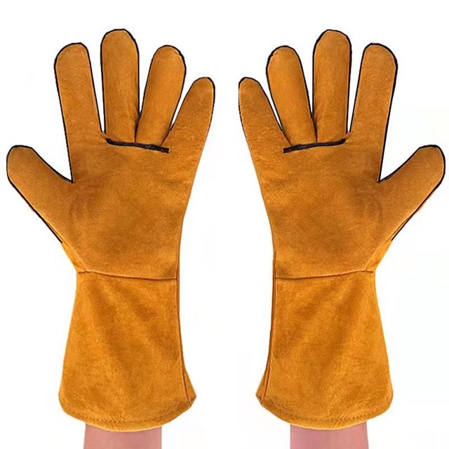 Gants de Soudage Doublés en Cuir de Vache à Double Couche Gants de Travail Multifonctions Résistants à la Chaleur