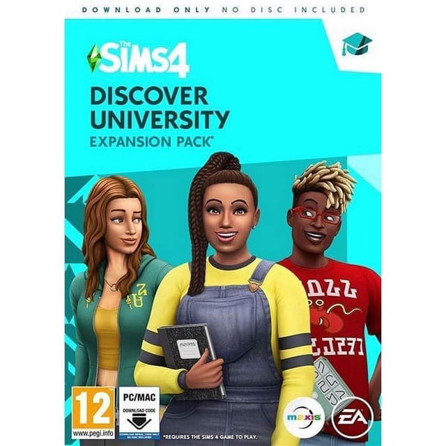 The Sims 4 Discover University Expansion Pack (UK) for PC gaming, showcasing three Sims in campus-themed outfits on the cover. This expansion introduces university life at Britechester and Foxbury Institute, with courses in biology, art history, computer science, and villainy. Includes dorm room decor options like posters and mini-fridges. Published by Electronic Arts.