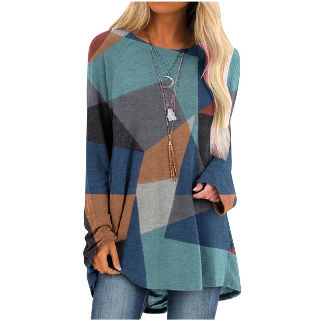 IROINID Savings Womens Long Sleeve Tops Lounge Socket Geometry Printed Round-Neck Tops,Orange