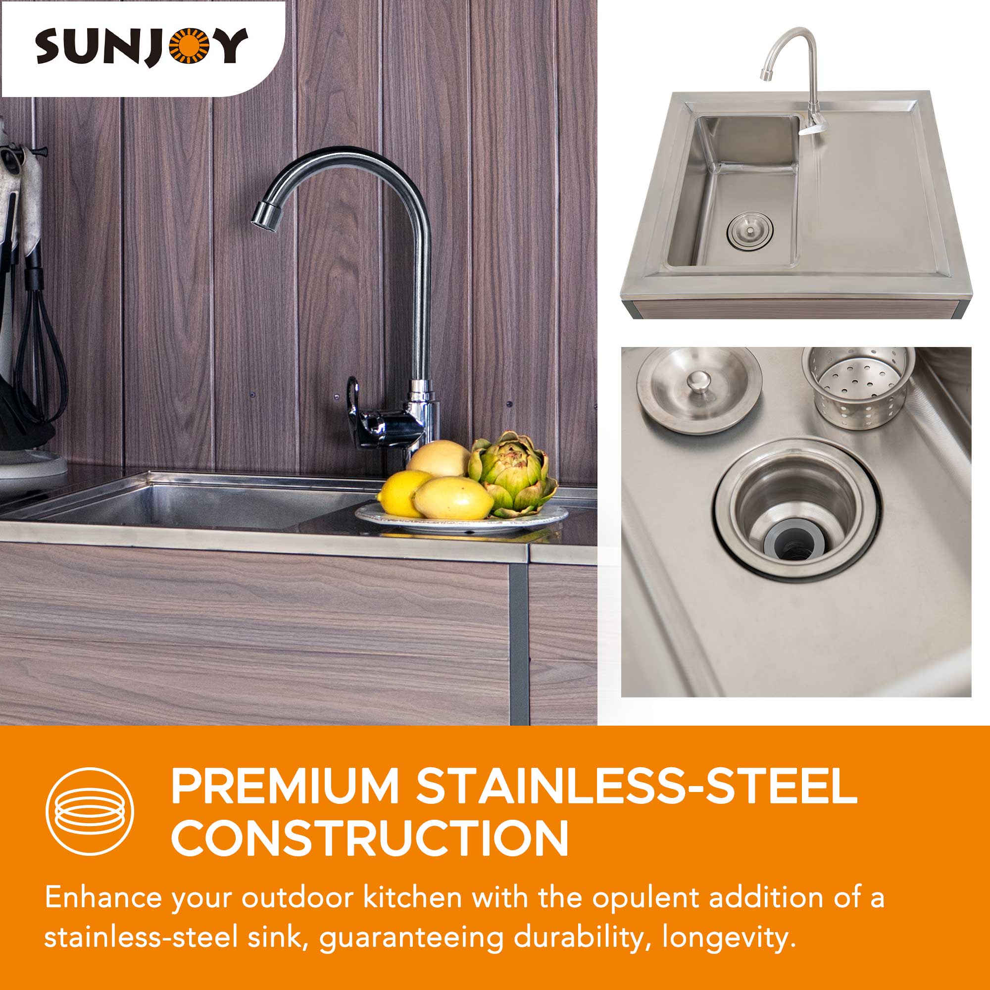Sunjoy Évier de cuisine extérieur autoportant en acier inoxydable avec cabinet pour chariot de barbecue extérieur, station d'évier extérieur,25 x 21 Pouces