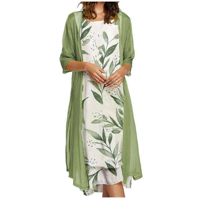 TopLLC Womens Summer Dresses Ensemble Deux Pièces à Imprimé Floral Flowy Chiffon Dress Grande Taille Col Rond Sans Manches Dress Invité de Mariage