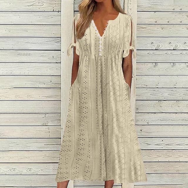 Babysbule Liquidation Robes d'Été pour Femmes, Mode Femmes Décontractée Ample Imprimé Papillon Col en V Manches Mi-Longues Boutons Poches Robe Longue