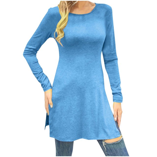 SROBPTY Longues Chemises à Manches pour Femmes, Mode Féminine Manches Longues Col Rond Taille Cintrée Bleu, TG