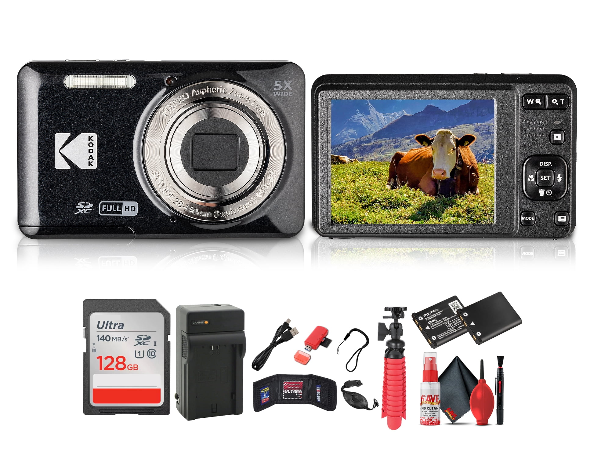 Kodak Pixpro FZ55 Digital Camera (Black) Bundle Including: 128 GB Memory Card, Rechargeable Battery, Battery Charger, Flexible Tripod, Card Reader, Card Wallet, Hand Strap, Full Cleaning Kit