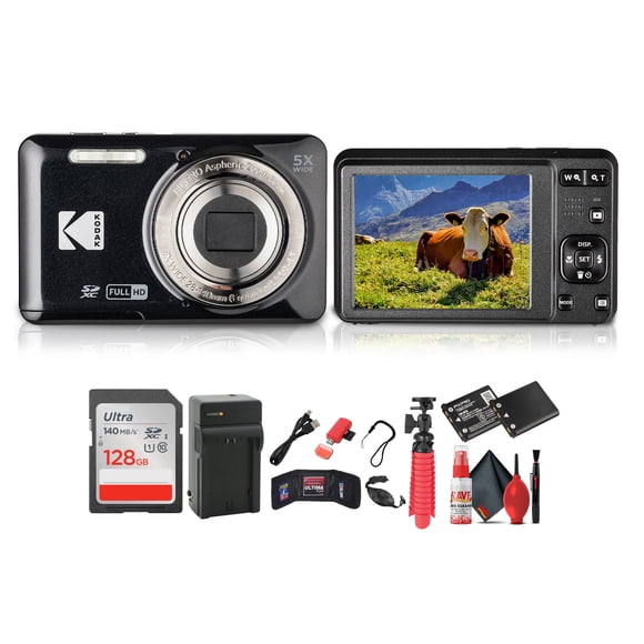 Kodak Appareil Photo Numérique Pixpro FZ55 (Noir) Ensemble Incluant : Carte Mémoire 128 Go, Pile Rechargeable, Chargeur de Pile, Trépied Flexible, Lecteur de Cartes, Porte-Cartes, Dragonne, Trousse de Nettoyage Complète