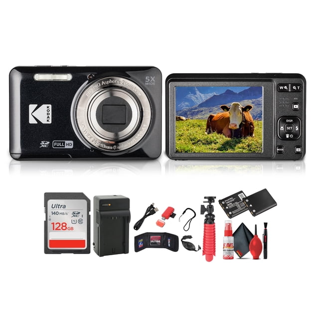 Kodak Pixpro FZ55 Digital Camera (Black) bundle featuring a compact point-and-shoot camera with a 16MP CMOS sensor and 28mm wide-angle lens. Includes a 128 GB memory card, rechargeable battery, battery charger, flexible tripod, card reader, card wallet, hand strap, and full cleaning kit. The camera has a 2.7” LCD screen for easy framing and playback, one-touch 1080p Full HD video recording, and multiple shooting modes for versatile photography.