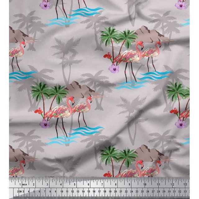 Soimoi Grey Crepe Silk Fabric Palm Tree, & Flamingo Bird Decor Fabric Printed Yard 42 Inch Wide