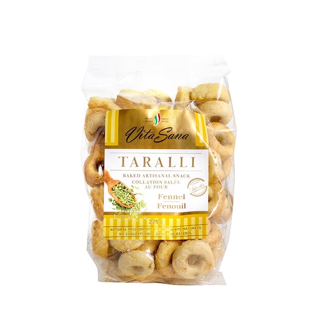 Vita Sana Taralli Collation Artisanale au Fenouil Cuite dans un Sac en Plastique Transparent avec une Étiquette Jaune et Blanche Montrant les Graines de Fenouil, 225 g, Faite avec des Ingrédients Naturels, Produit d'Italie, Convient comme alternative Croquante aux Bâtonnets de Pain.