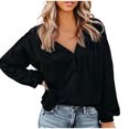 thumbnail image 1 of Pompotops Ladies Solid Color V-Neck Lantern Long-Sleeved Button Casual Shirt Top, 1 of 9