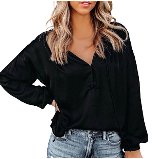 Pompotops Ladies Solid Color V-Neck Lantern Long-Sleeved Button Casual Shirt Top
