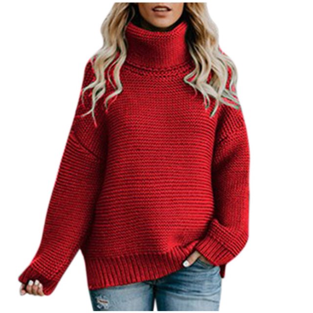 IROINID Women's Turtleneck Pullover Sweater Solid Color Loose Mid-Length Long Sleeve Thick Line Sweater