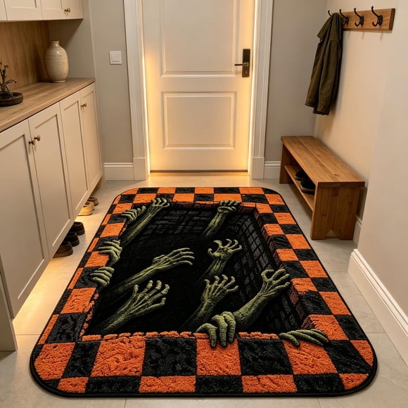 Dvkptbk Halloween Decorations Checkered Pumpkin Zombies Hand Print Floor Rug Soft Absorbent Indoor Mat for Entryway Bedroom Living Room Fall House Layout Decor