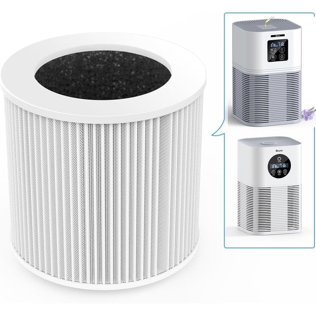 Air Purifier A1 Replacement Filter by VEWIOR, featuring an H13 True HEPA filter designed to remove 99.97% of pet hair, smoke, and other airborne particles. The cylindrical filter has a white plastic exterior with a perforated design and a visible black activated carbon layer at the top. Compatible with VEWIOR A1 air purifiers, it includes a 3-stage filtration system with a pre-filter, HEPA filter, and activated carbon filter to eliminate odors, PM2.5, pollen, and VOCs. The image also shows the compatible VEWIOR A1 air purifier models in a side panel. Not suitable for shipping to California.