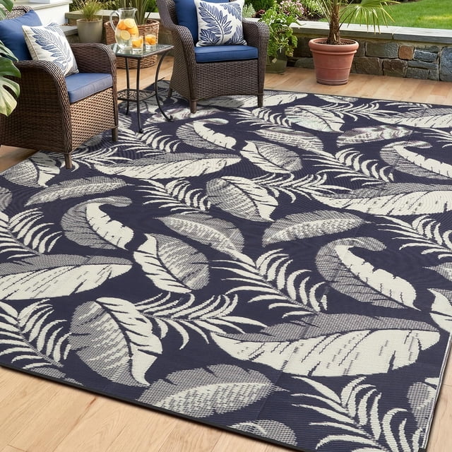 OPPODREAM Reversible Outdoor Rug 5x7, Waterproof Outdoor Plastic Straw Rug for Patio, Tropical Leaf Spring Camping Rugs for Outside, Deck,
