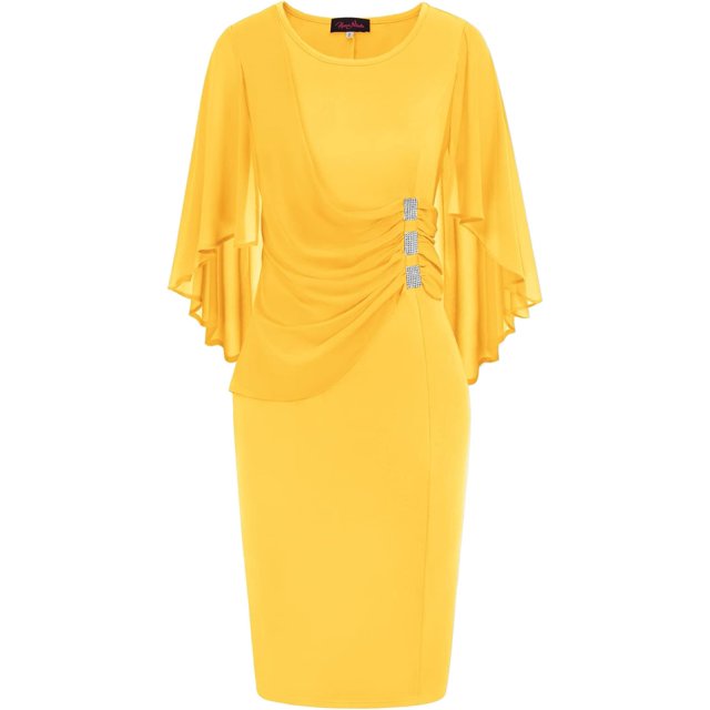 Hanna Nikole Robe à Manches Cape en Mousseline pour Femme, Grande Taille, Flatteuse, à Volants, avec Strass, Robe Crayon