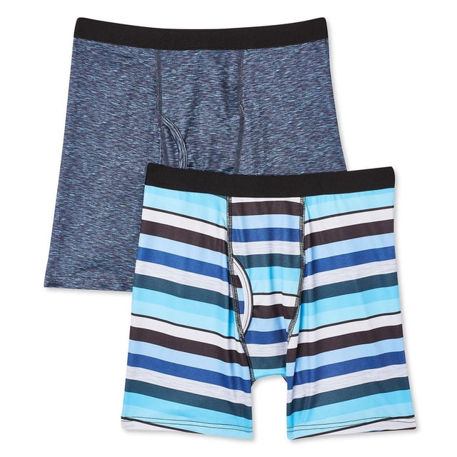 Athletic Works Boys' Performance Boxer Briefs 2-Pack includes two boys' boxer briefs, one with a blue and black space-dye pattern and the other with blue, black, and white horizontal stripes, both with black elastic waistbands made from moisture-wicking polyester and spandex for breathability and comfort during active wear.