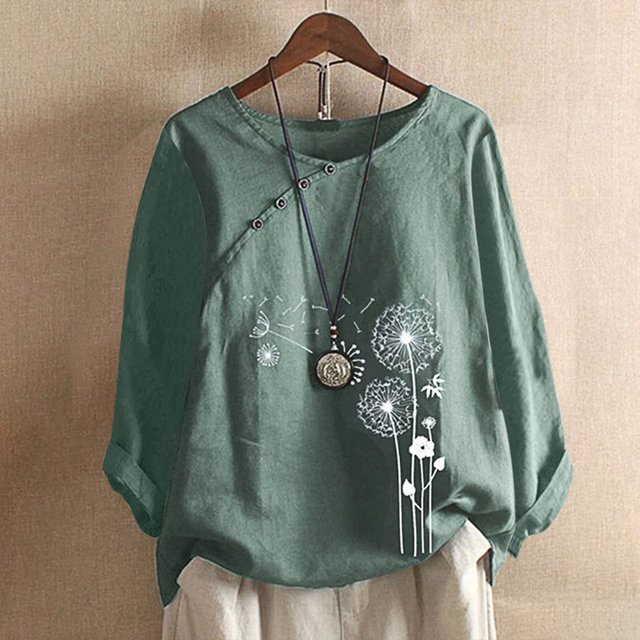 CHUANK Hauts pour Femmes en Solde à Moins de 10$ Hauts Décontractés Printemps Été Manches Longues en Coton Lin Imprimé Graphique Pissenlit Col Rond Blouses Vintage Grande Taille
