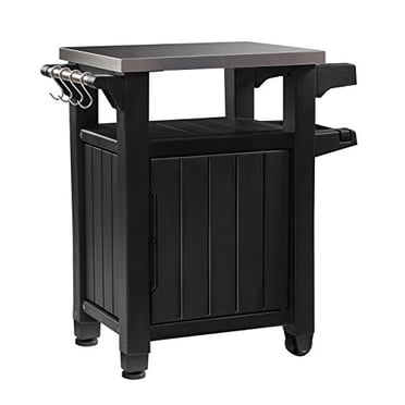 Keter Table d'Extérieur Portable Unity et Armoire de Rangement avec Crochets pour Accessoires de Gril - Dessus en Acier Inoxydable pour Îlot de Cuisine de Patio Ou Chariot de Bar, Gris Foncé
