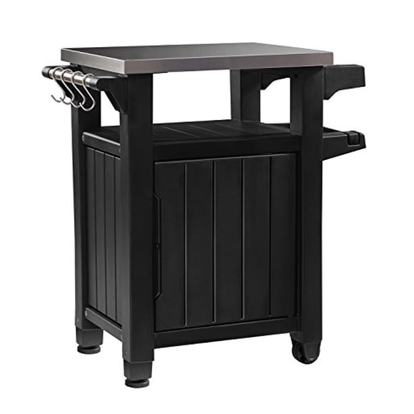 Keter Table d'Extérieur Portable Unity et Armoire de Rangement avec Crochets pour Accessoires de Gril - Dessus en Acier Inoxydable pour Îlot de Cuisine de Patio Ou Chariot de Bar, Gris Foncé