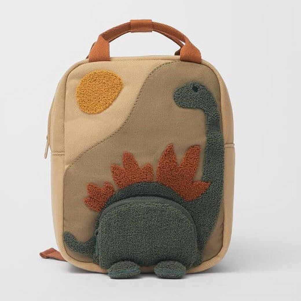 ZZkhGO Embroidered Dinosaur Canvas Backpack, Small Kids Kindergarten Bag, Lightweight Child Backpack for School Travel Outdoor