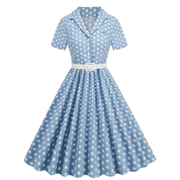 Meichang A Line Dresses for Women Tunic Button Up Dot Print Midi Dress Vintage Flared Swing Casual Sundress Elegant Lapel Short Sleeves Party Work Dresses