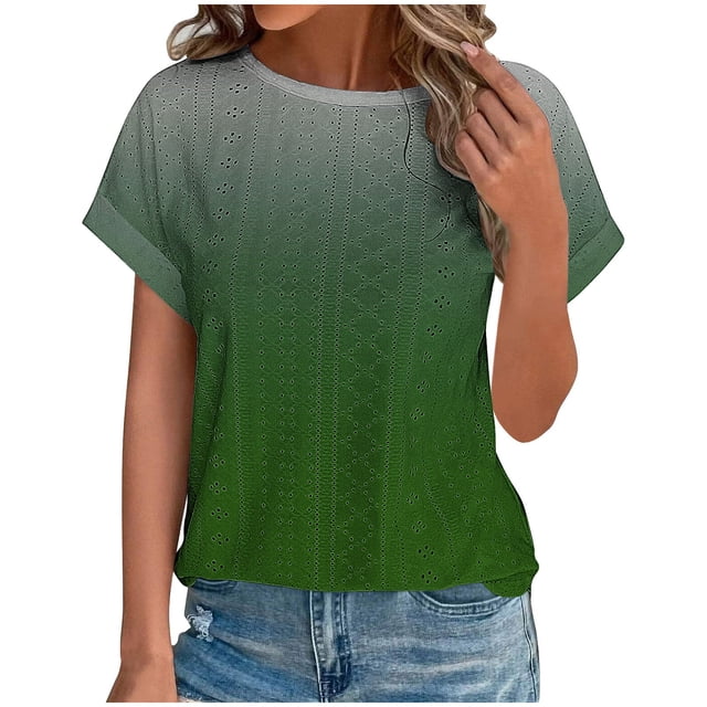 Plebaso Hauts d'Été pour Femmes T-Shirts à Œillets Mode Décontracté Manches Courtes Blouses Amples Dégradées
