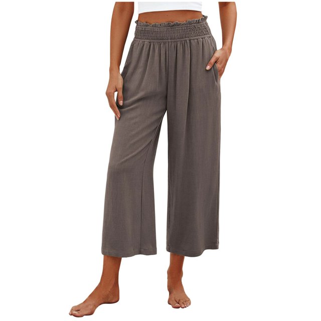 VEKDONE Womens Cotton Linen Capris Pants Coffee S