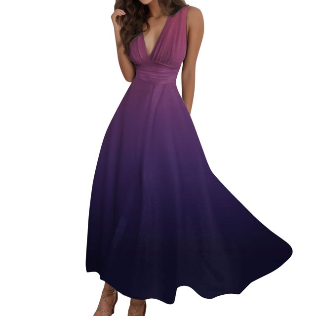 Yuyuzo Robes de Plage pour Femmes 2024 Décolleté en V Profond Sans Manches Robes Longues de Fête Fluides Boho Vacances Robe Maxi