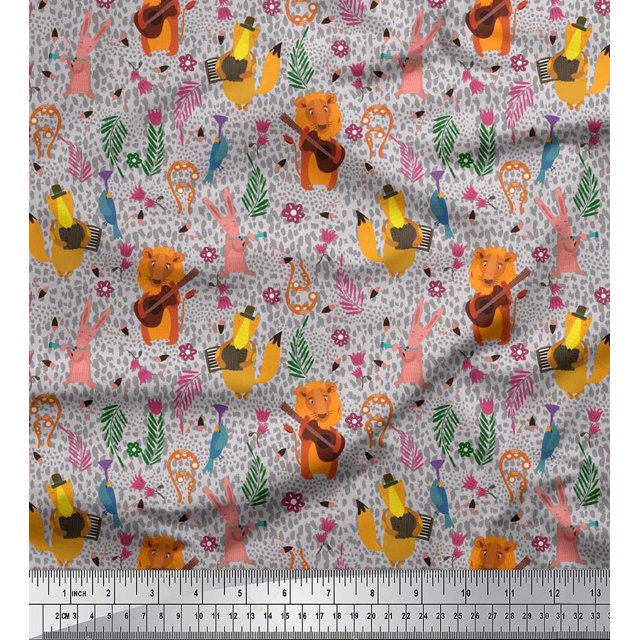 Soimoi Cotton Cambric Fabric Floral,Musical Instruments & Animals Cartoon Printed Craft Fabric by The Yard 42 Inch Wide