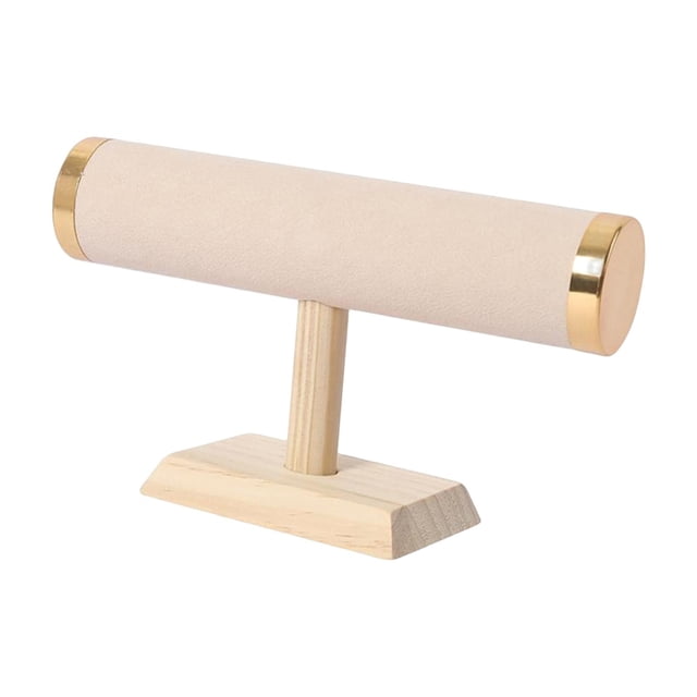 Jewelry Bracelet Display Stand Bracelet Storage Rack in beige with a cylindrical flannel-covered holder supported by a wooden base. Features gold accents on the ends of the holder. Suitable for organizing jewelry, bracelets, watches, and accessories on a desk or dresser. Often used as a jewelry organizer or watch holder.