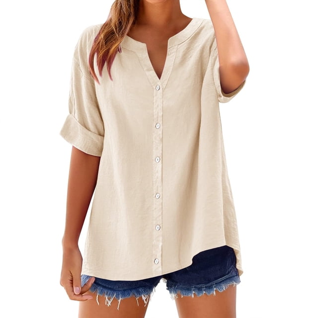 Summer Blouses for Women in Clearance Summer Linen Work Tops for Women Trendy Plus Size V Neck Button down Boho Clothes Spring Tops for Women 2025 New Beige M