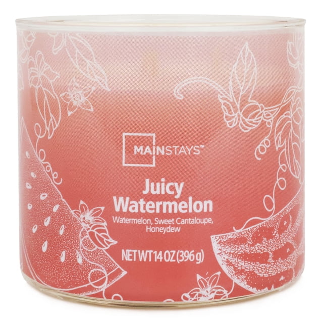Mainstays 3-Wick Textured Wrapped Juicy Watermelon Scented Candle, 14 oz, cylindrical jar candle with a textured pink-red wrap featuring white line art of watermelon slices and floral designs, scented with watermelon, sweet cantaloupe, and honeydew, suitable for home décor and adding a fresh fruity aroma.